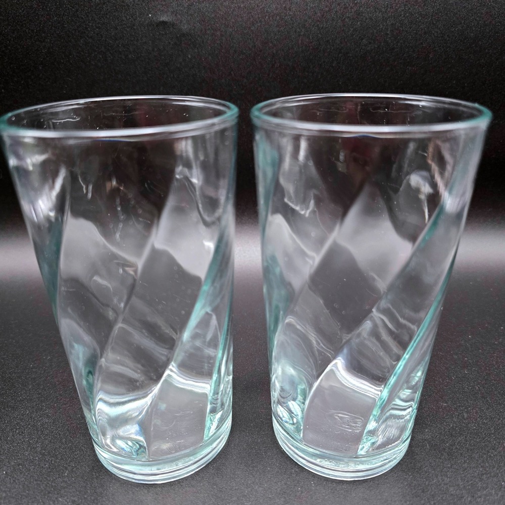 Vintage FG Indonesia Spiral Optic Twist Clear Glass Highball Tumblers Set of 2